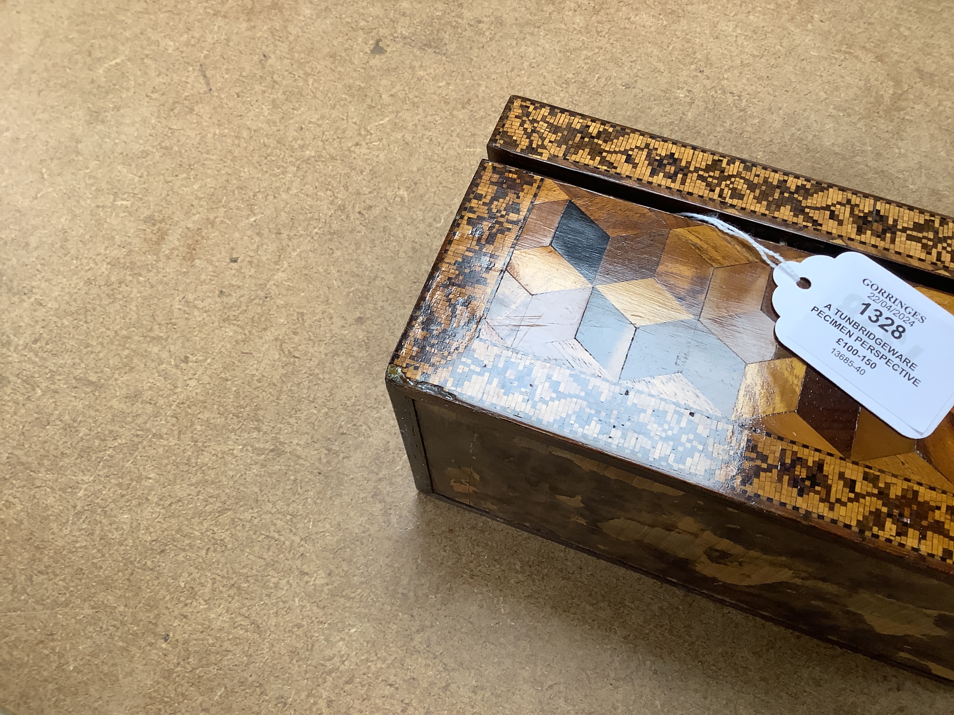 A Tunbridgeware specimen perspective cube marquetry stationary box, 21cm wide, 11cm deep, 13cm high
